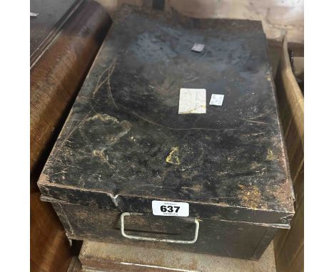 Two metal deed boxes containing vintage kitchen utensils, cutlery and tools, etc.
