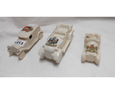 Three crested china car models including Carlton China, etc.