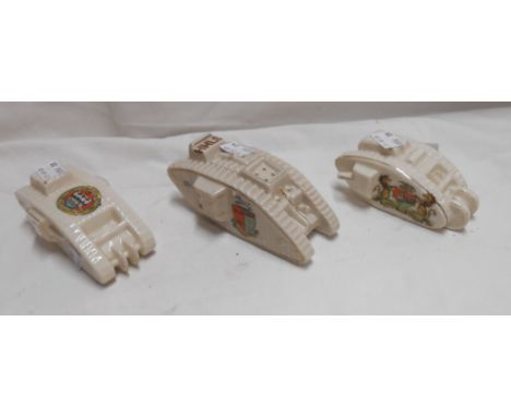 Three WWI crested china tank models including Carlton China, etc.