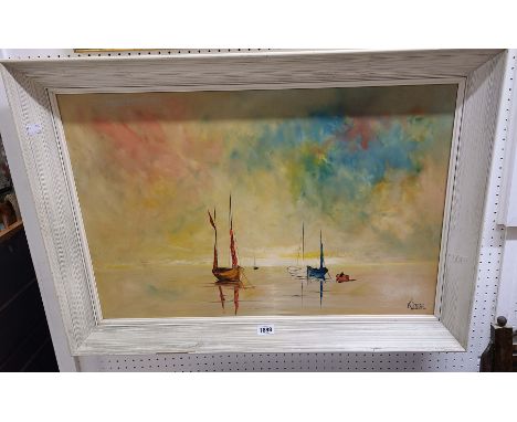 †Klee: a framed vintage oil on board, depicting moored sailing vessels - signed