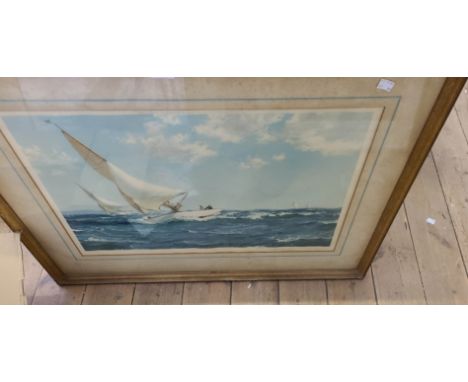 †Montague Dawson: a framed large format signed coloured maritime print entitled 'Neck and Neck' - signed in pencil to the mar