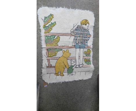 A Kashmir handmade wool rug featuring Winnie the pooh, Christopher Robin and Piglet playing Poohsticks - 1.22m X 90cm