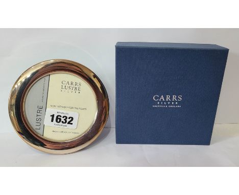 A modern Carrs of Sheffield silver mounted circular photograph frame with upholstered easel back - to take 9cm diameter - box