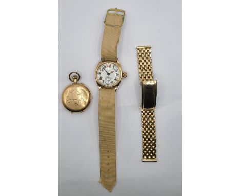 A marked 14K yellow metal cased lady's hunter fob watch - sold with a vintage Elgin gold plated cased wristwatch and a plated