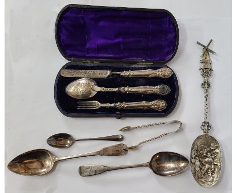 A bag containing a small quantity of antique English silver cutlery including a cased Victorian knife, fork and spoon set (kn