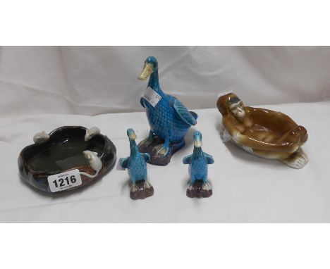 A small quantity of ceramics comprising Japanese Sumida Gawa ware dish with three applied mouse figurines, three Chinese pott