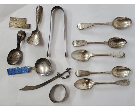 A bag containing silver and white metal items including a pre-1926 David Andersen caddy spoon with decorated blue enamelled o