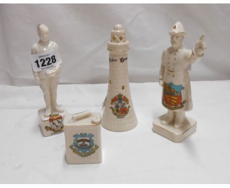Four crested china models comprising WWI Tommy figurine, similar policeman, light house and fuel can