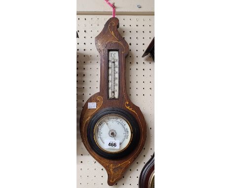 An Edwardian rosewood and strung framed aneroid wall barometer/thermometer - dial glass a/f
