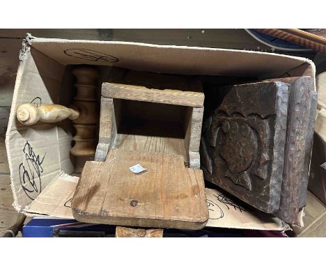 An antique pine salt box, carved wooden box and a gavel