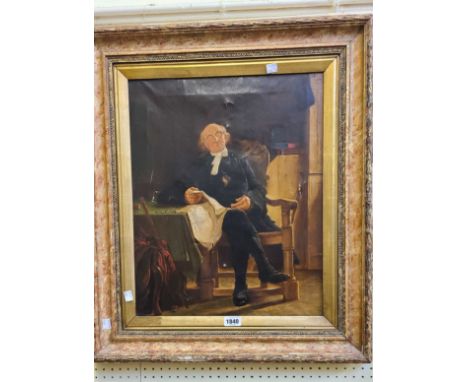 A framed antique oil on canvas portrait of a seated elderly gentleman of the cloth taking a nap - 52cm X 41.5cm - canvas dama