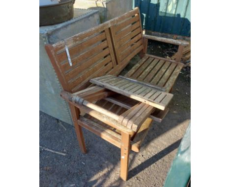 A1.2m modern wooden two seater garden bench with slatted back and seat - sold with a small teak folding table - various condi