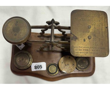 A set of late 19th Century postal scales and weights, set on wooden base