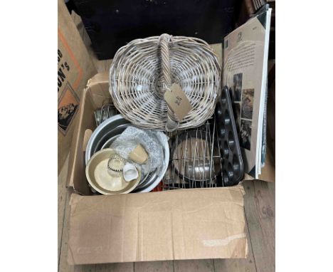 A box containing a quantity of mixed kitchenware including a small basket - sold with three Terance James Bond ornithological