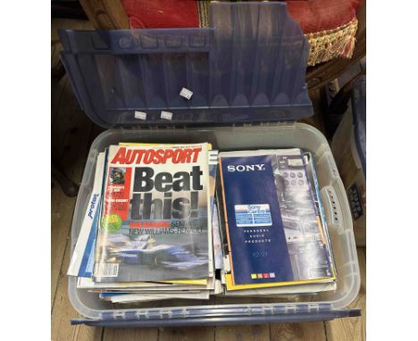 A crate containing vintage magazines including 'Auto Sport', 'Auto Car', etc.