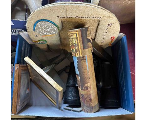 A small box containing collectable items including a handmade seaplane, a cutthroat razor, a pair of Zenith binoculars, etc.