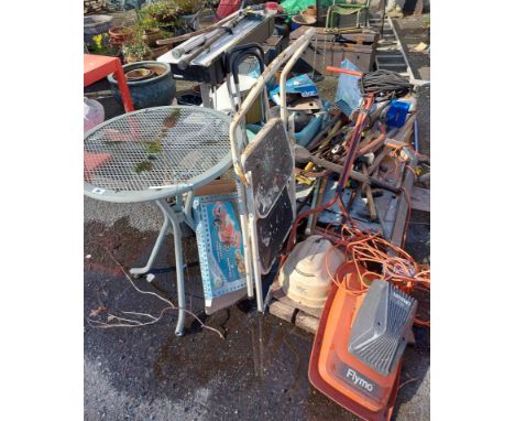 A quantity of garden tools, a Flymo Minimo electric mower and an assortment of garage miscellanea, etc.