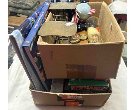 Two boxes containing a quantity of toys and collectable items including a set of post office scales, etc.