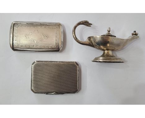 A silver Aladdin style oil wick lamp with cast bird's head pattern handle and push-fit lid - Birmingham 1935 - sold with a Du