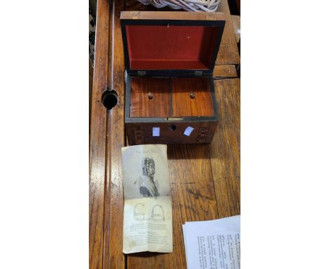 A small antique inlaid tea caddy with two internal lidded compartments and a dome-top - sold with a small antique engraving, 