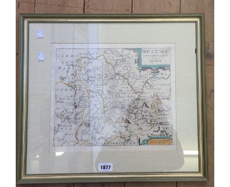 A framed antique Christopher Saxton and William Kip hand coloured map print of 'Brecknoc (Brecon) Comitatus Pars Olim Silvrvm