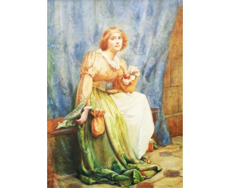 K. Andre: a framed watercolour portrait of a seated female figure wearing period clothes and holding a posy of roses - signed