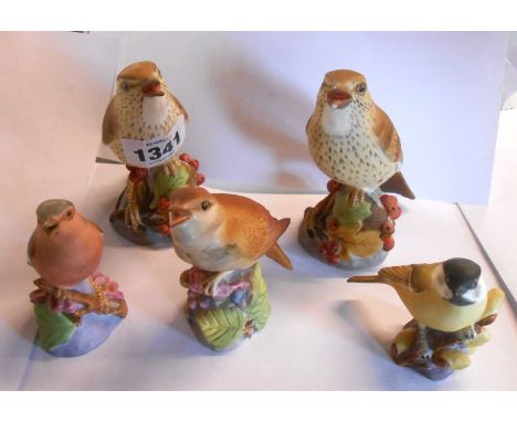 Five Royal Worcester bone china bird figurines including thrush, nightingale, etc. - one beak a/f