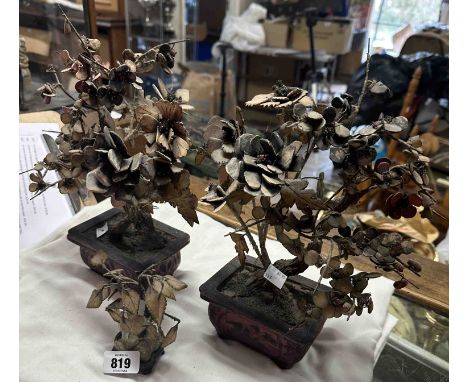 A pair of antique Oriental blossom gem trees in decorative red planters - sold with a small Jade tree - all a/f