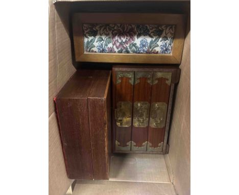 An Oriental wood and brass three drawer chest and a vintage tapestry topped jewellery box - sold with a lidded wooden box