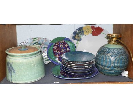 Various Late 20th Century Studio Pottery Including: a globular form lamp base, a bread bin, various serving and fish plates (