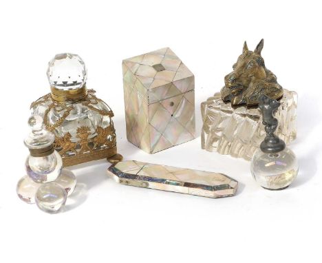 A Glass and Brass Mounted Equestrian Inkwell, early 20th century, the hinged cover formed as a horses head within a horse sho