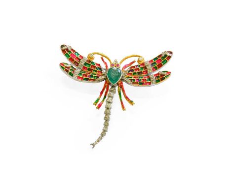 An Emerald, Ruby, Diamond and Enamel Dragonfly Brooch/Pendant, with a pear cut emerald body, round cut ruby eyes, wings ename