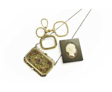 A Small Quantity of Jewellery, comprising of two lorgnettes, a carved oval shell cameo within a rectangular jet panel; and a 