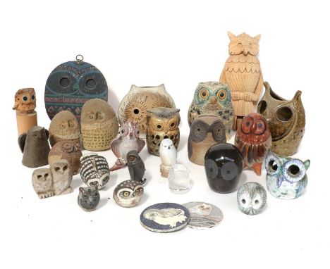 Various Owl Models: including Lladro Owl, two Gustavsberg owls, Copenhagen owl, various studio pottery, wooden and other exam