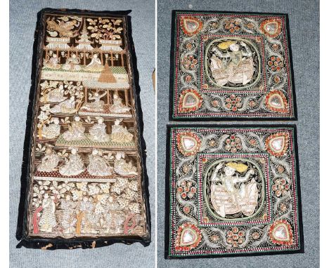 A Large East-Asian Tapestry, depicting many figures including chariot and flag, "Mandalay" figures in a palace and in a garde