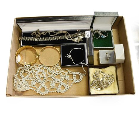 A Quantity of Costume Jewellery, including a 9 carat gold cubic zirconia necklace, length 42cm; a paste necklace; three rings