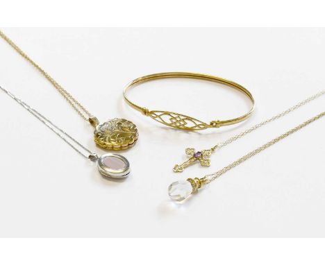 A Small Quantity of Jewellery, comprising of a 9 carat gold bangle, inner measurements 6.5cm by 4.7cm; two 9 carat gold locke