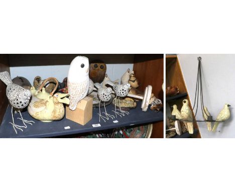 Various 20th Century Decorative Animal Models, including painted wooden owls and other birds, studio pottery piggybanks, stud