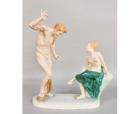 An Early 20th Century Figure "The Invitation" stamp under base Amphora Austria, model 20040, 41cm (restored)