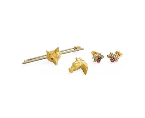 A Fox Mask Brooch, stamped '9CT', length 5.0cm; A Horse Head Pendant, length 2.1cm; and A Pair of Ruby and Diamond Earrings, 