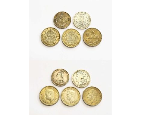 A Small Assortment of Silver Coins, comprising; Victoria, double florin 1887; George V, crown 1935; 2x George VI, crowns 1937