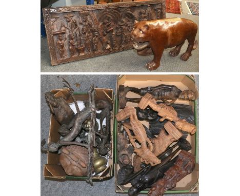 A Collection of Nigerian and Other North African Wooden Tribal Carvings, including figures and a relief panel, together with 