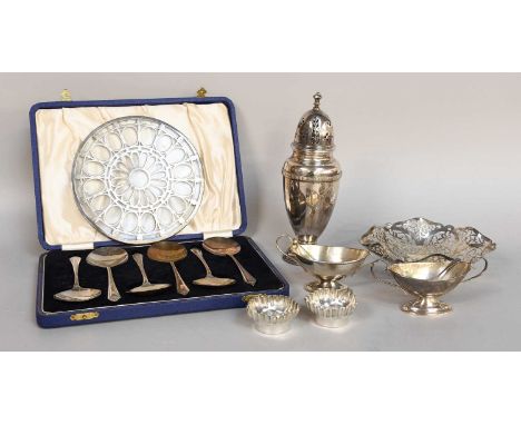 Silver to Include: an Adie Brothers silver castor, a pair of twin handled salts, pierced bowl, teapot stand, a set of soup sp