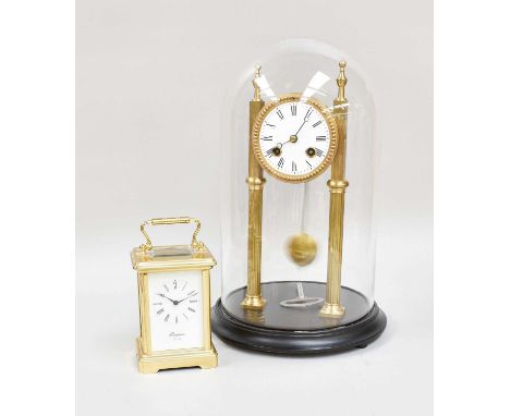 A French Striking Mantel Clock, circa 1900, beneath a glass dome, clock 28cm, overall 33cm high, together with a modern brass