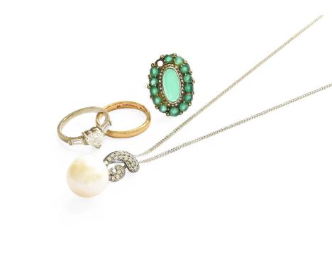A Cultured Pearl and Cubic Zirconia Pendant on A 9 Carat Gold Chain, pendant length 2.7cm, chain length 50.5cm; A 9 Carat Gol