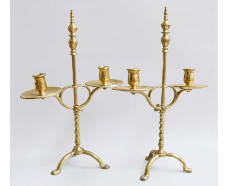 A Pair 17th Century Style Brass Adjustable Candlesticks, on tripod bases