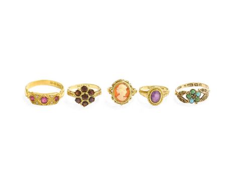 An 18 Carat Gold Ruby and Diamond Seven Stone Ring, finger size Q; A 9 Carat Gold Turquoise and Split Pearl Ring, finger size