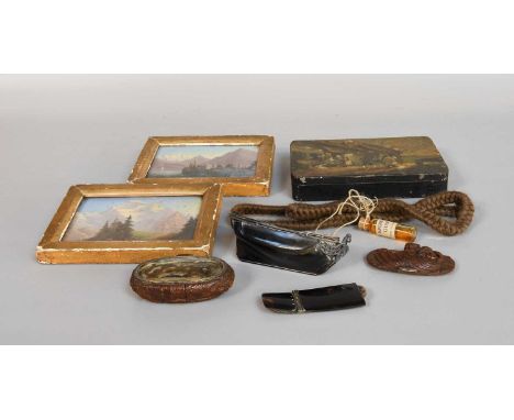 A Late 19th Century Tin, painted with a pastoral scene of figures and a horse passing an inn, a 19th century carved wooden sn