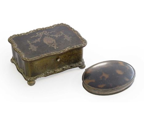 A Tortoise Shell Hinged Box with silver mounts and inlay, and an oval tortoise shell snuff box