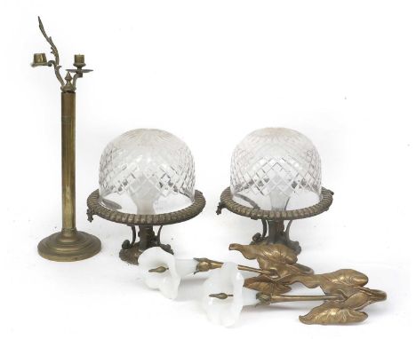 A Pair of Metal and Glass Wall Sconces Formed as Lillies, a pair of metal pendants with glass dome shades and a Palmer &amp; 